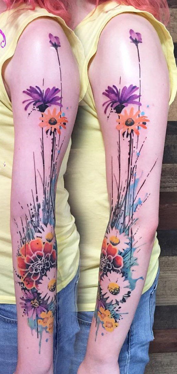 akvarelė flower sleeve tattoo