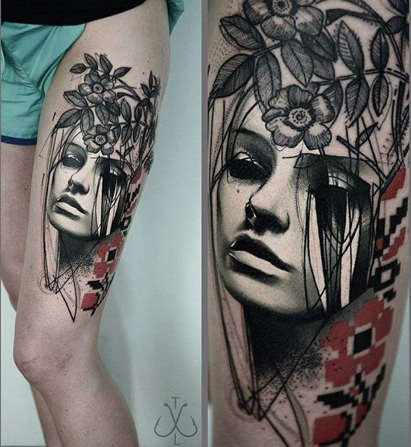 portretas and flower thigh tattoo