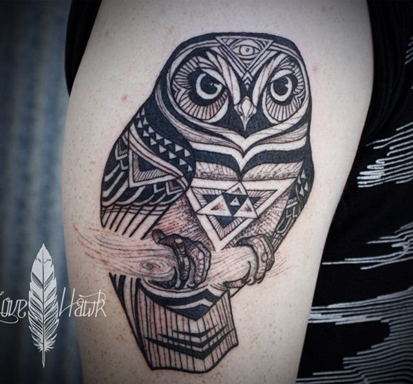 sova illustration style sleeve tattoo