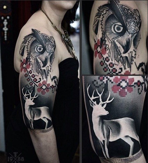 Pelėda and deer sleeve tattoo