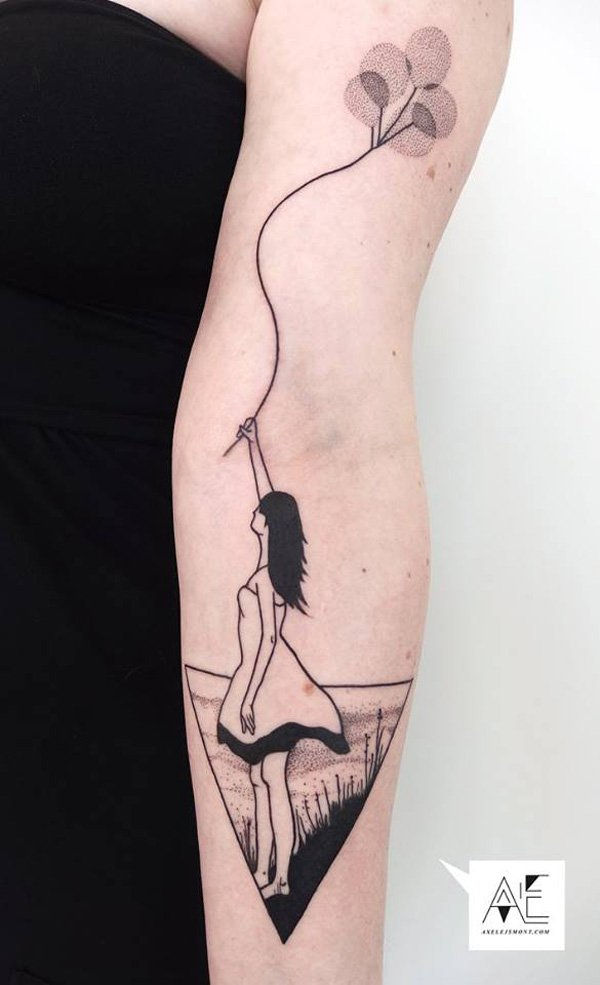mergaitė with balloons sleeve tattoo