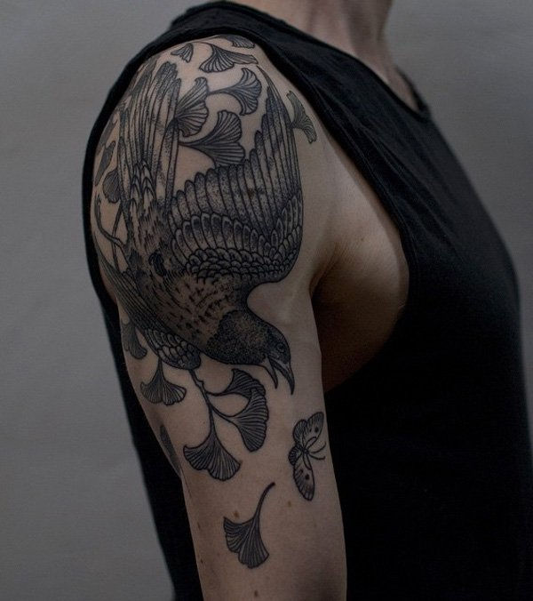 ginkmedis leaves and bird sleeve tattoo