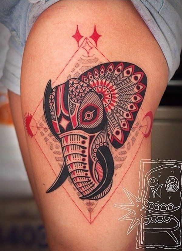 elefant illustration thigh tattoo