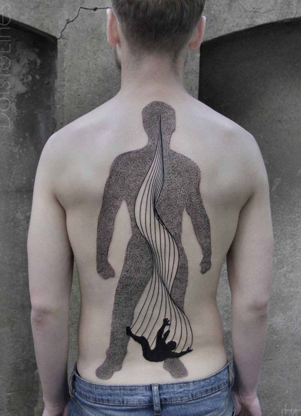 abstraktno surreal style tattoo on back