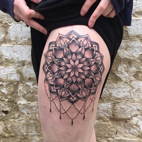 Mandala thigh tattoo-16