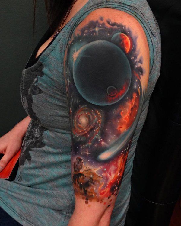 colorat space half sleeve tattoo for women