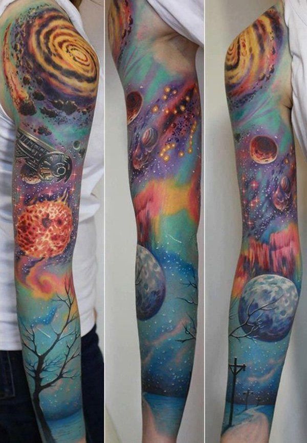 színes space full sleeve tattoo