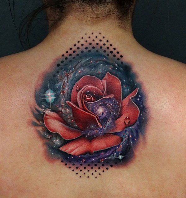 galaktika with rose back tattoo