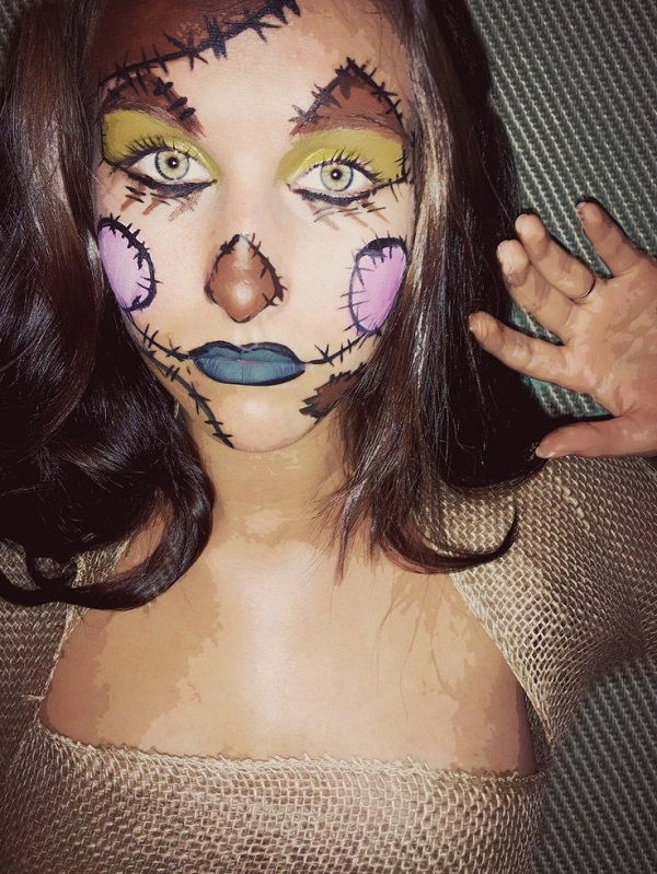 Scarecrow makeup using mehron face paint and cut up potato sacks. Halloween and fall idea