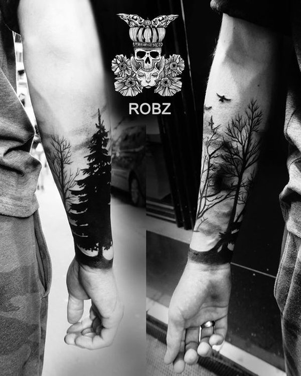 forest with birds forearm tattoo for man-41