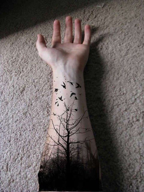 forest with birds forearm tattoo-12