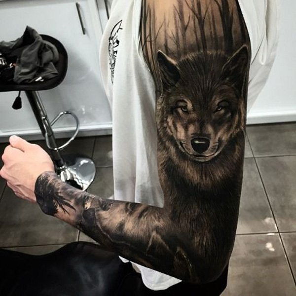 foresrt and 3D fox full sleeve tattoo-35