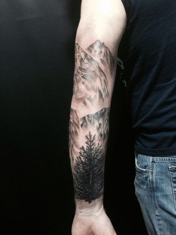 erdő and mountain sleeve tattoo-32