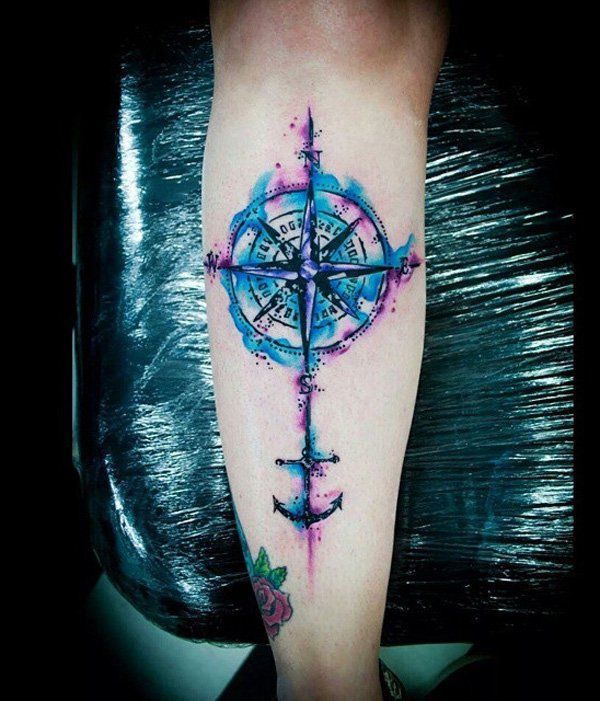 Akvarel compass calf tattoo-10