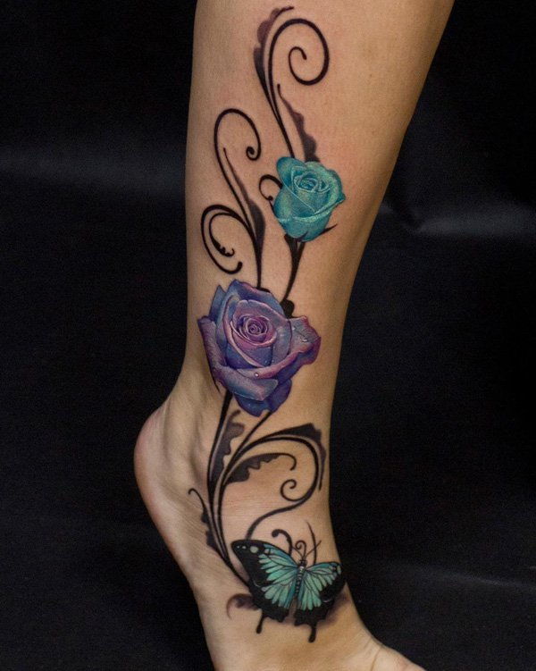 Rose and butterfly calf tattoo-37