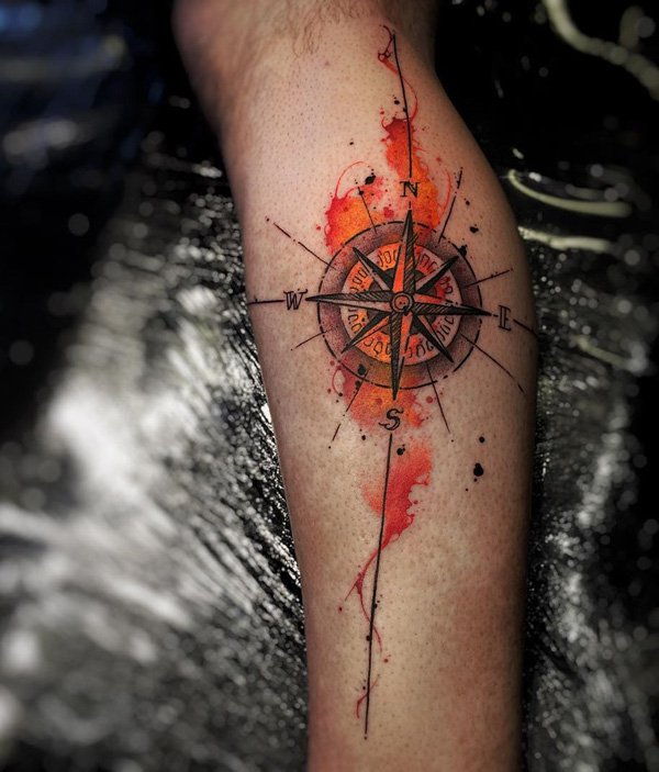 Akvarel compass calf tattoo-40