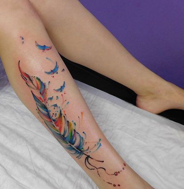 Akvarel feather calf tattoo-29