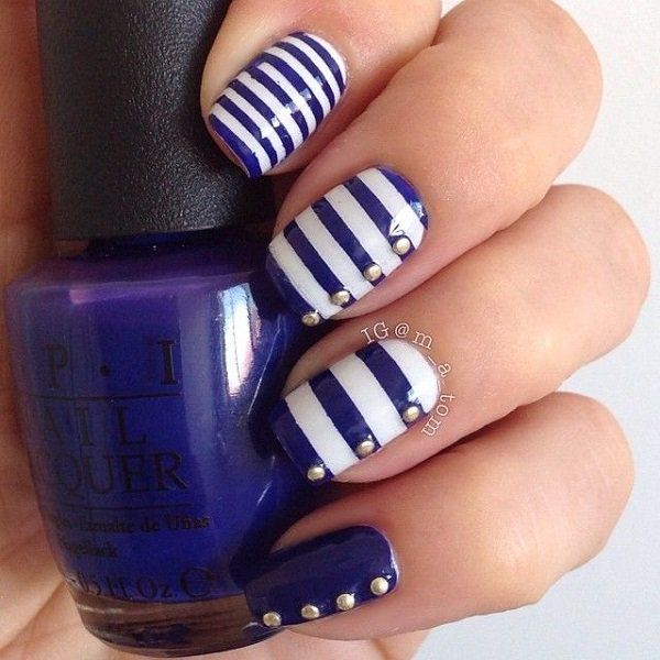 Modra stripes on white nails-49