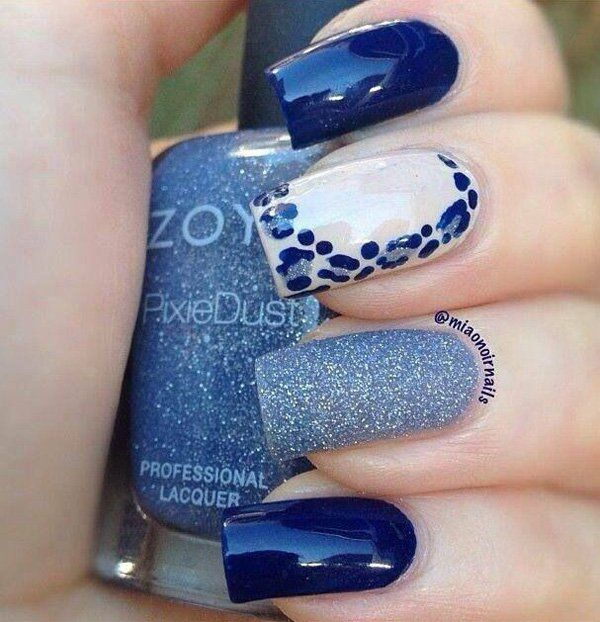 Blue with glitter and leopard nail art-1