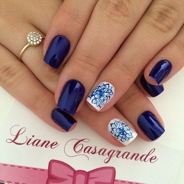 Navy blue with flower nail art-16