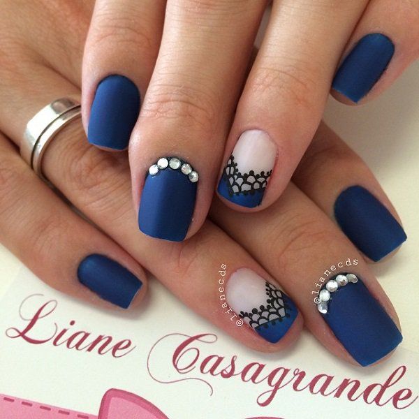 Navy blue with lace nail art design-15