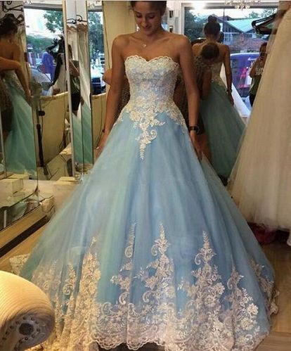 Sky-Blue Strapless Long Wedding Dress