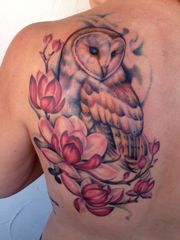 magnolia and owl tattoo