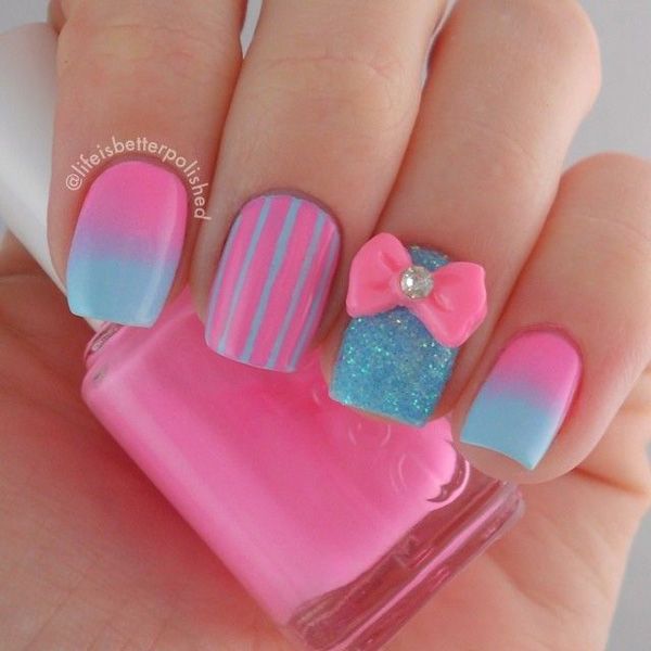 Roz and blue gradient with bow nail art-13