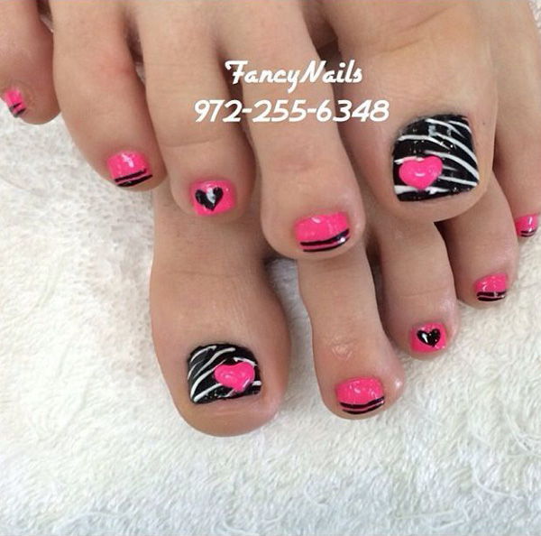 Fekete Pink White Zebra stripes Hearts Toe nail designs