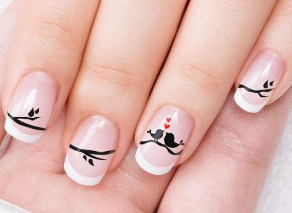 Acril Nails with Hearts Birds for Valentine's Day Nail Art