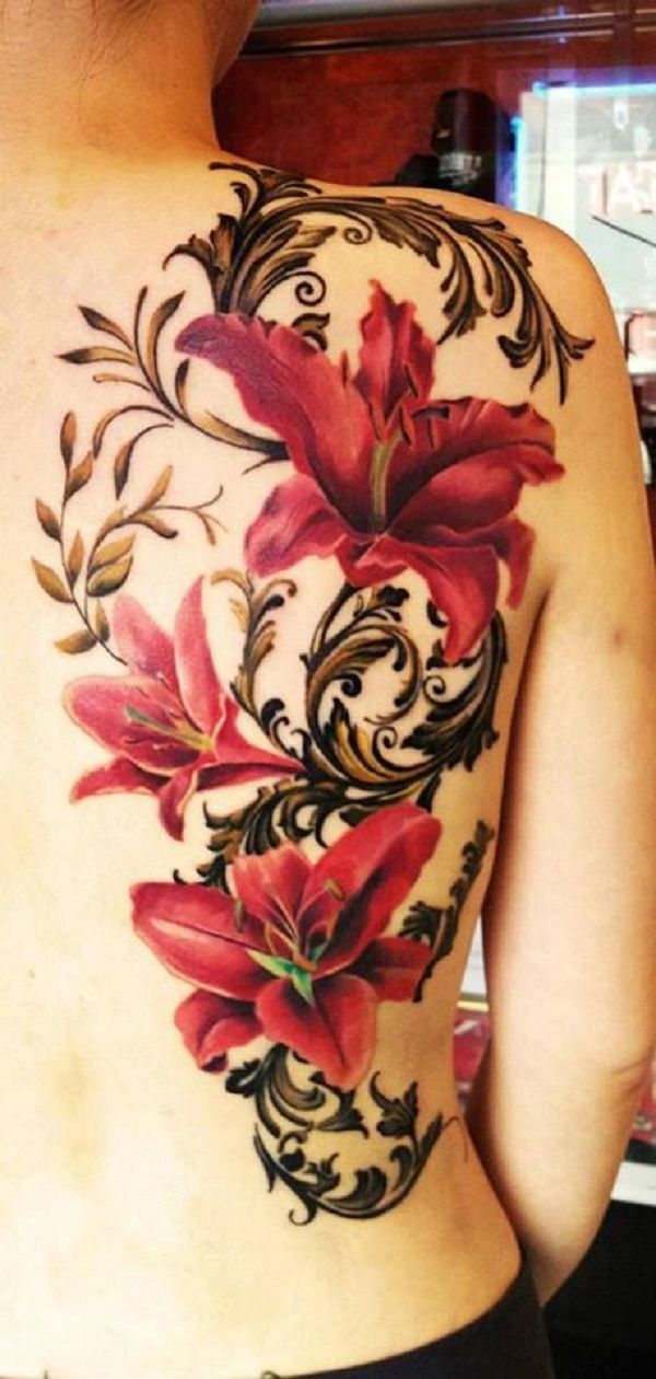 roșu lily tattoo on back
