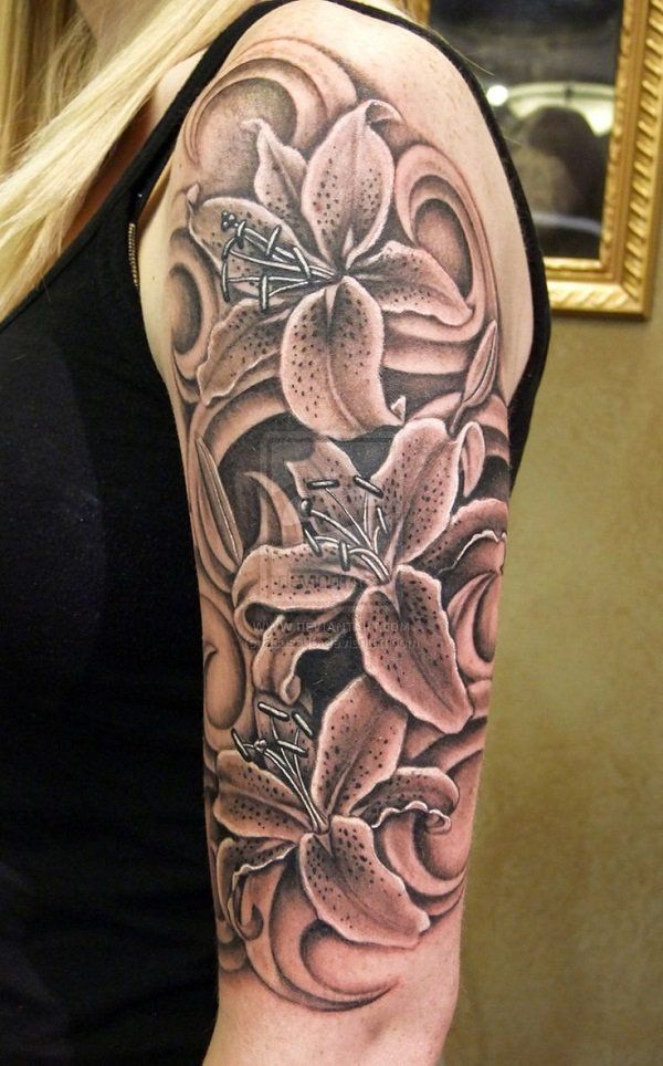 Realus black and white lily tattoo on half sleeve