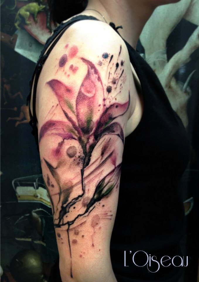 akvarel lily tattoo on sleeve by L'oiseau