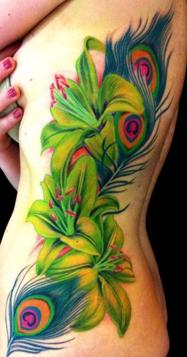 Povas Feather and Lily Tattoo on Side