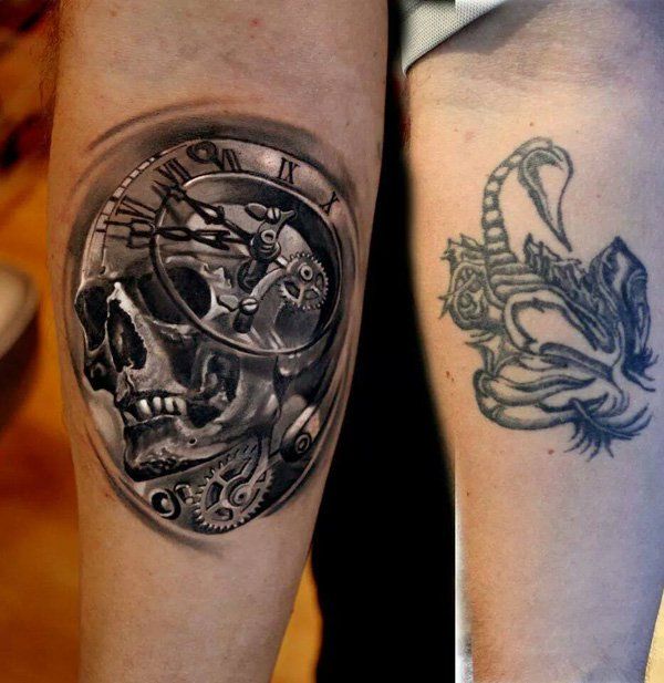 3D Skull with watch cover up tattoo-8