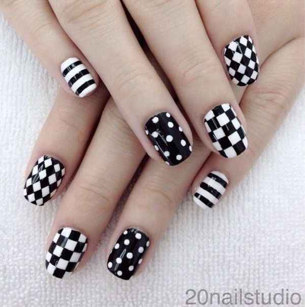 negru and white polka dots plaid stripes nails