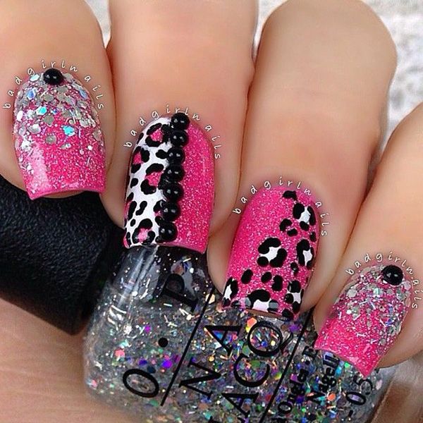 pink leopard glitter nail-38