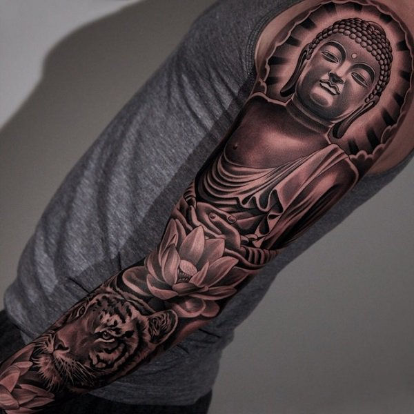Buda and tiger full sleeve tattoo for man-9