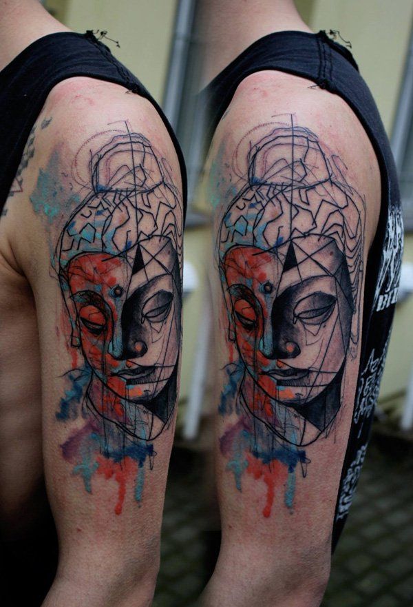 Buda watercolor style sleeve tattoo
