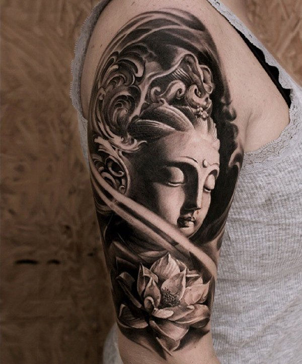 3D Buddha and louts tattoo-16