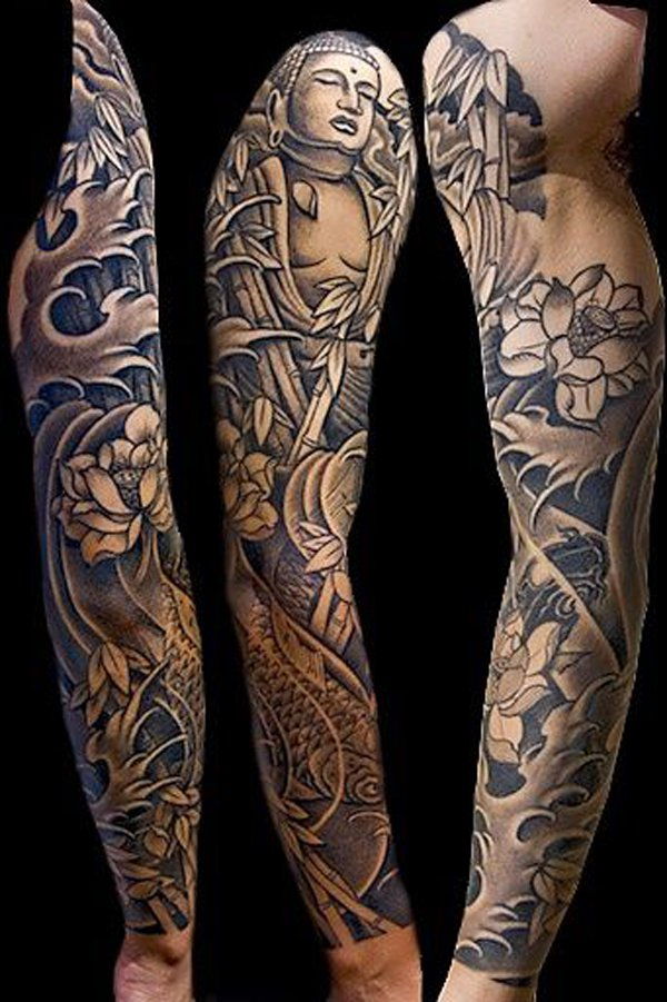 Buddha and fish japanese full sleeve tattoo