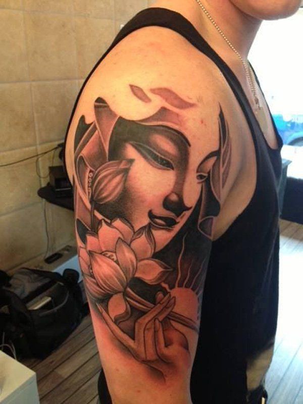 Buddha and louts half sleeve tattoo