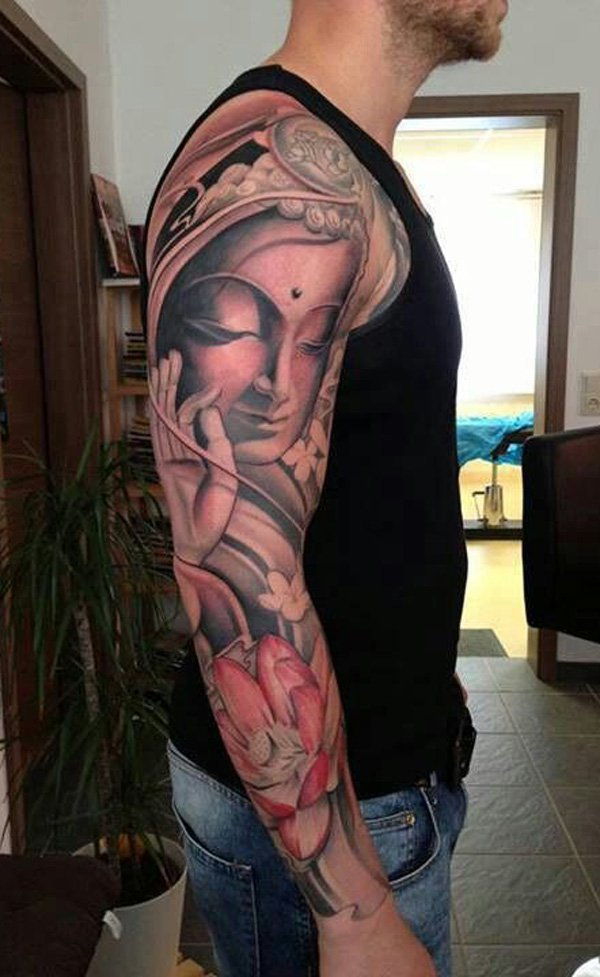 Buddha and louts sleeve tattoo
