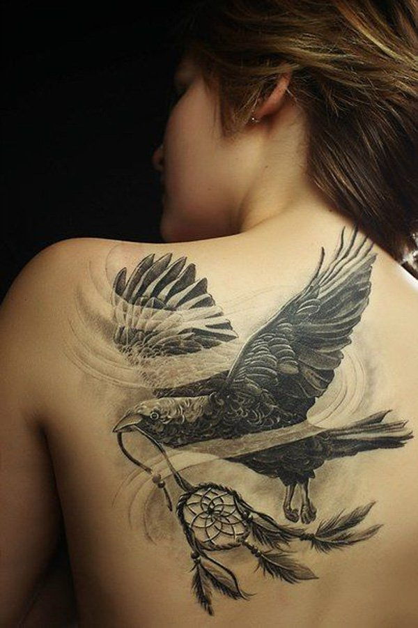 Raven and Dreamcatcher Tattoo on Back-23