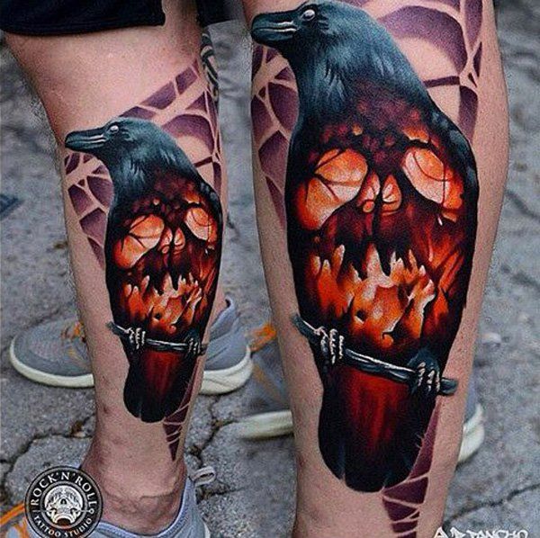 Raven and Skull Tattoo on Leg-17
