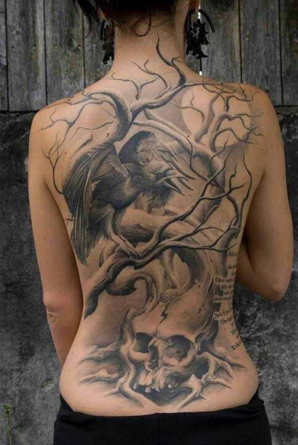 Raven and tree full back tattoo -28