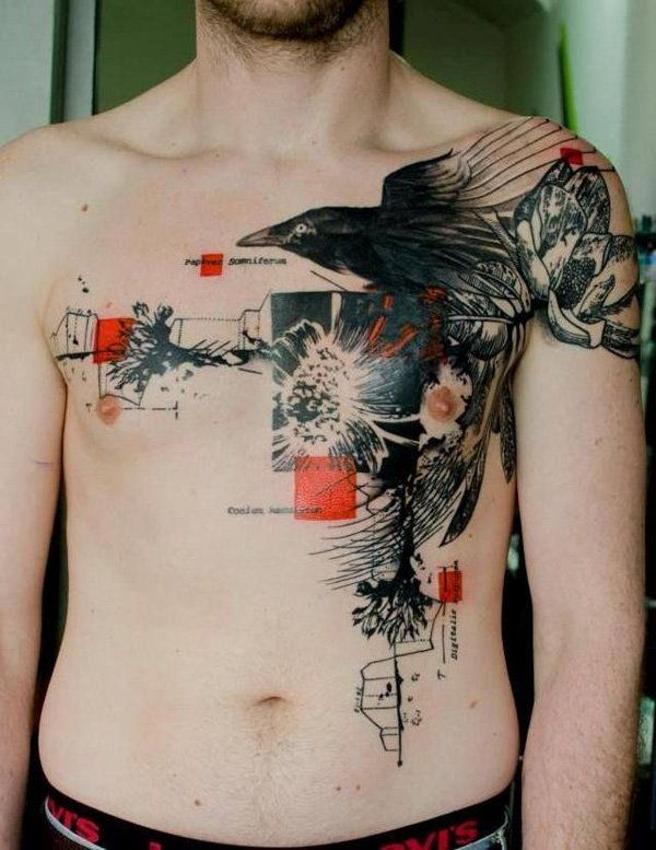 Abstract tattoo with squares and raven
