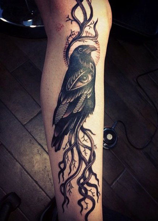 Raven Tattoo on leg-51