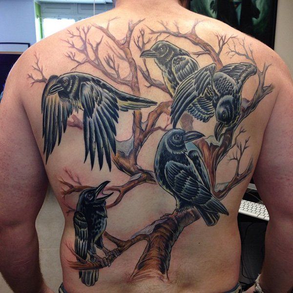 Ravens and Tree Tattoo on Back-14