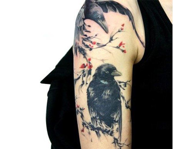 kínai ink painting style raven and plum flower tattoo-25